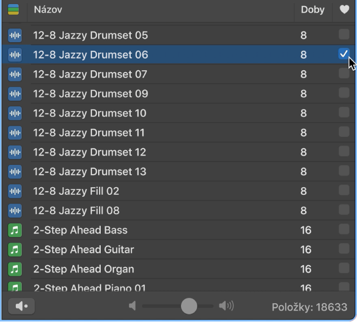 Zaškrtávacie políčko Obľúbené v Prehliadači slučiek.