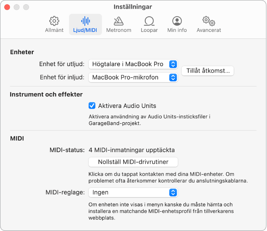 Inställningspanelen Ljud/MIDI.