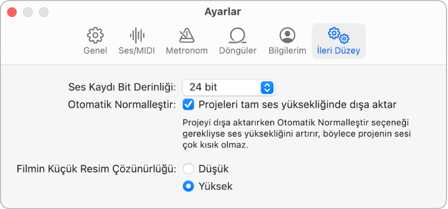 İleri Düzey Ayarları bölümü.