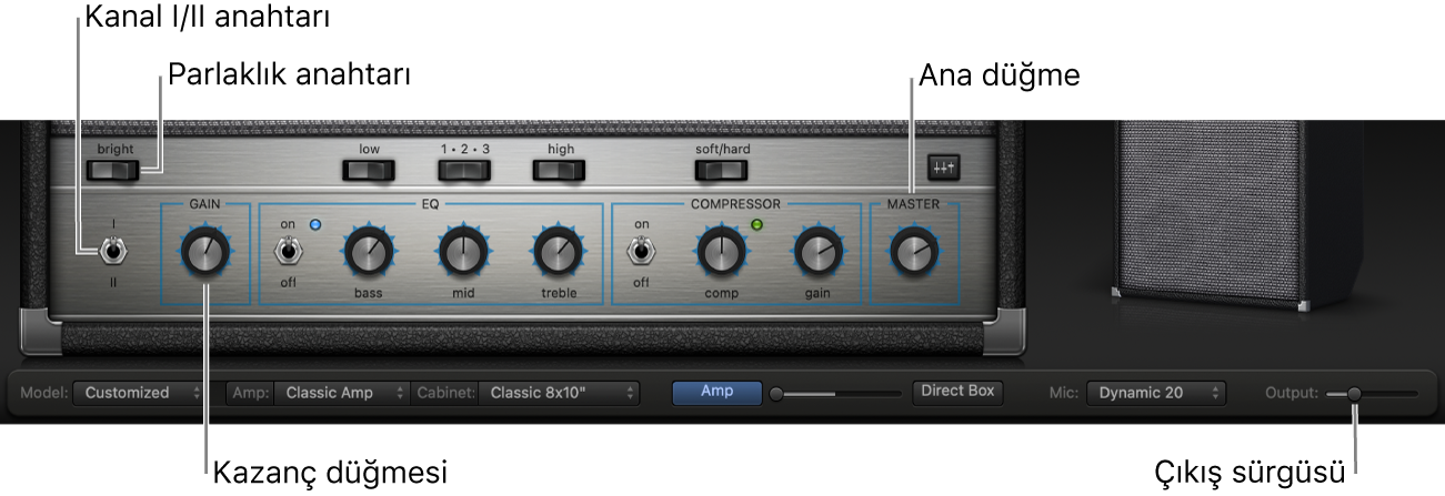 Bright switch, Gain knob, Channel I and II switch ve Master knob düğmelerini içeren Bass Amp Designer amp denetimleri.