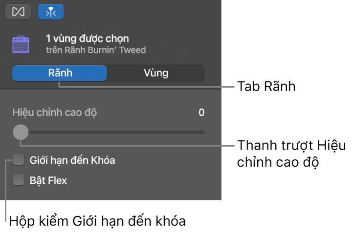 Trình kiểm tra Trình sửa âm thanh trong chế độ Rãnh, đang hiển thị thanh trượt Hiệu chỉnh cao độ và hộp kiểm Giới hạn đến khóa.