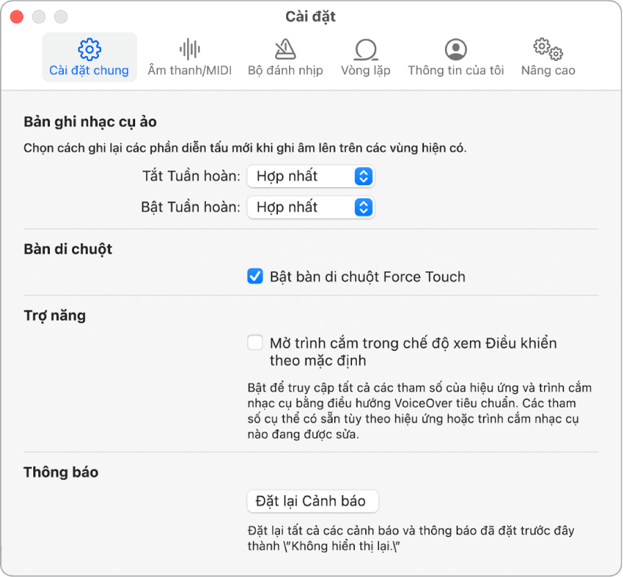Khung Cài đặt chung.