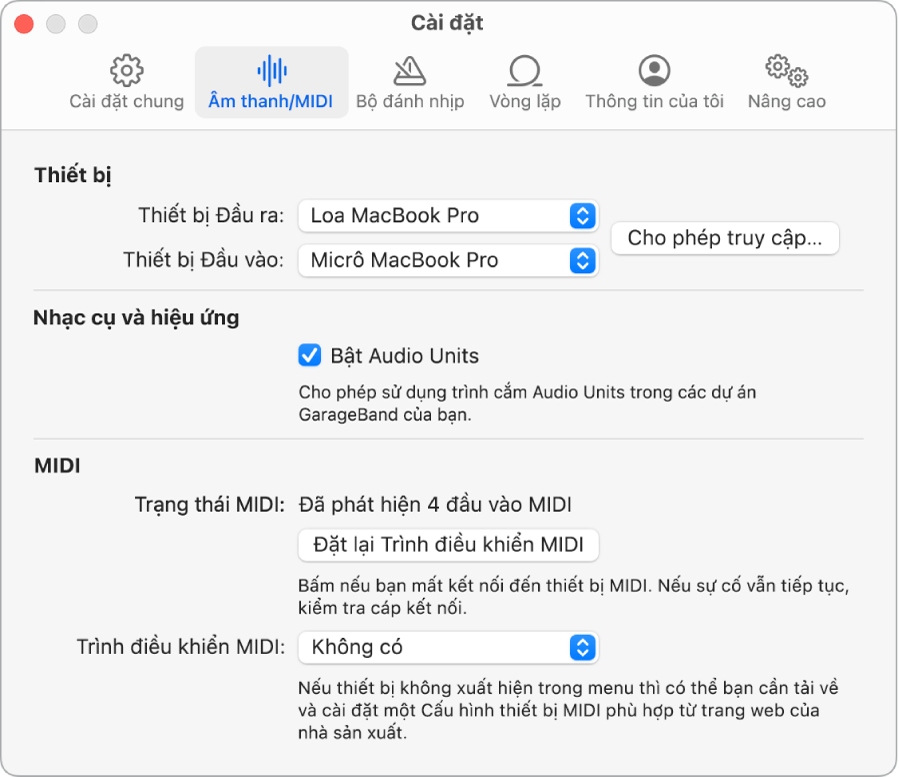 Khung cài đặt Âm thanh/MIDI.