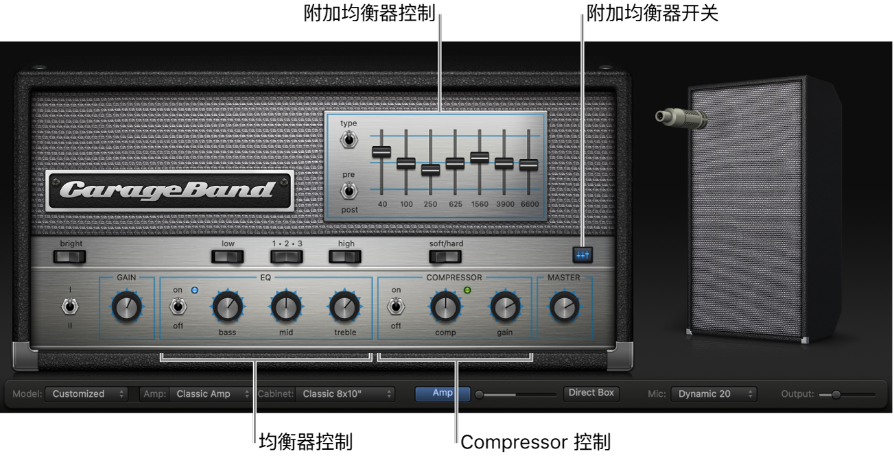 显示均衡器和 Compressor 控制的 Bass Amp Designer。