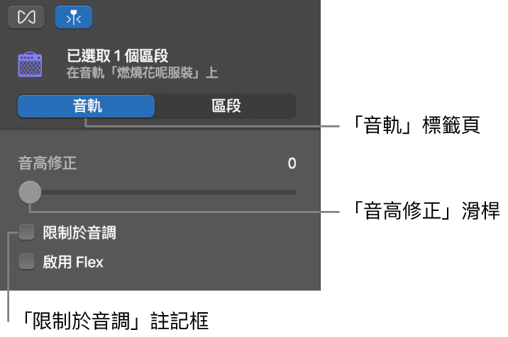 「音軌」模式中的「音訊編輯器」檢閱器,顯示「音高修正」滑桿和「限制於音調」註記框。