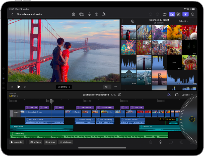 Fenêtre Final&nbsp;Cut&nbsp;Pro pour&nbsp;iPad affichant le visualiseur, le navigateur et la timeline.