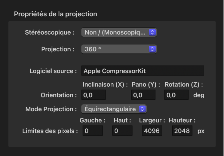 La fenêtre « Propriétés de la projection » dans Compressor, affichant des propriétés de métadonnées 360°.