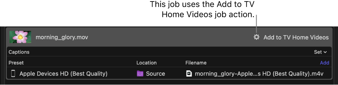 ‘TV 홈 비디오에 추가’ 작업 동작이 적용된 Compressor의 작업.