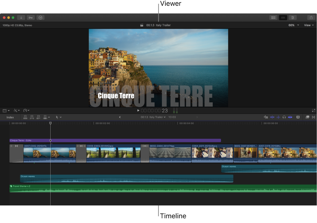 The Final Cut Pro window with just the viewer and the timeline showing