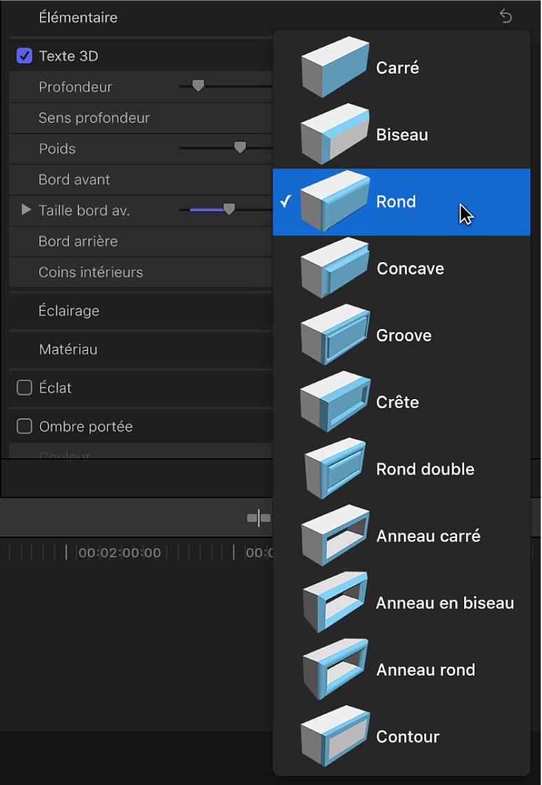Menu local Bord avant de la section Texte 3D de l’inspecteur de texte, avec option Rond sélectionnée