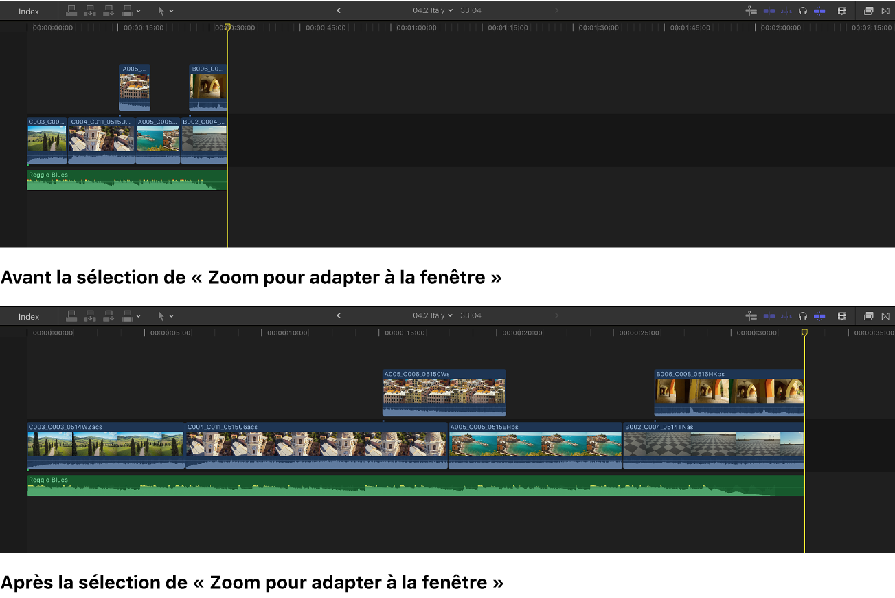 Timeline affichée avant et après la sélection de l’option « Zoom pour adapter à la fenêtre »