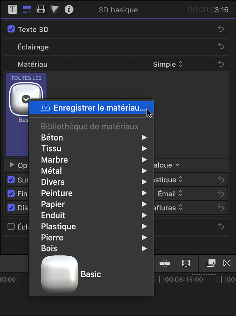 Section Texte 3D de l’inspecteur de texte affichant le menu local des préréglages de matériau