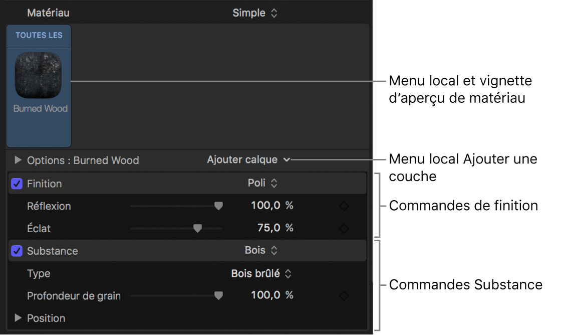 Inspecteur de texte 3D affichant un matériau avec plusieurs calques