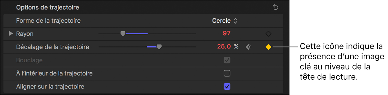 Inspecteur de texte affichant une icône d’image clé dans le menu Animation du paramètre « Décalage de la trajectoire »