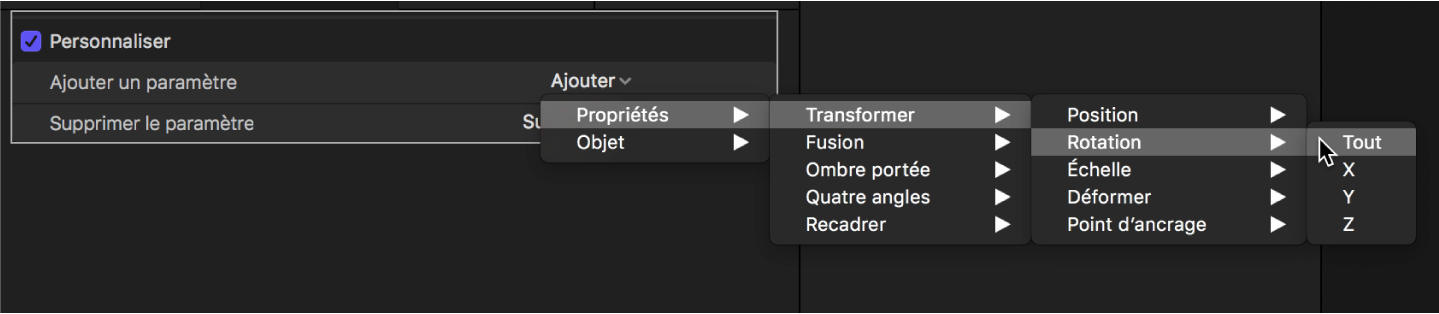 Inspecteur de comportements affichant un paramètre ajouté au comportement Personnaliser depuis le sous-menu Propriétés > Transformer > Position