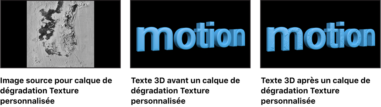 Canevas affichant une image utilisée comme calque de déprédation Bosses personnalisées, et le texte 3D avant et après l’application de ce calque