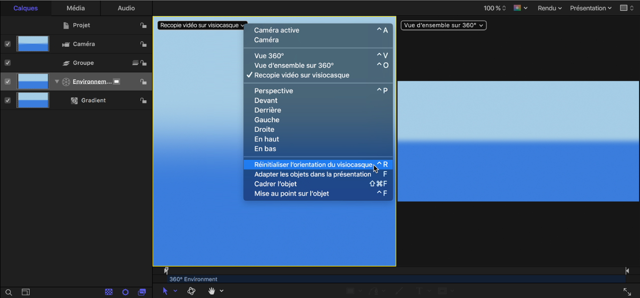 Sélection de « Réinitialiser l’orientation du visiocasque » dans le menu Caméra du canevas