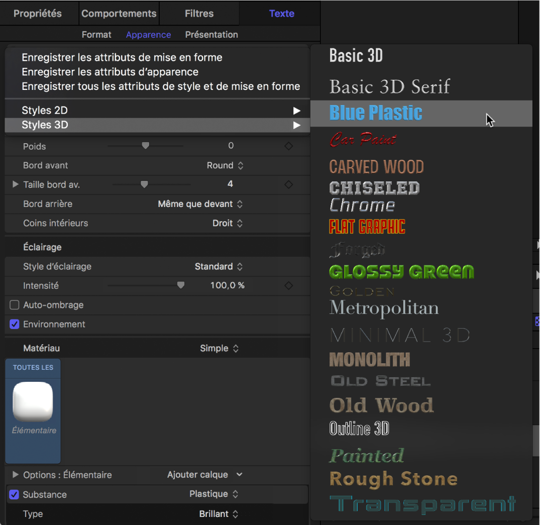 Inspecteur affichant le menu local Styles 3D
