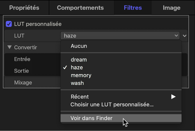 Inspecteur de filtres affichant l’option « Afficher dans le Finder » dans le menu local LUT