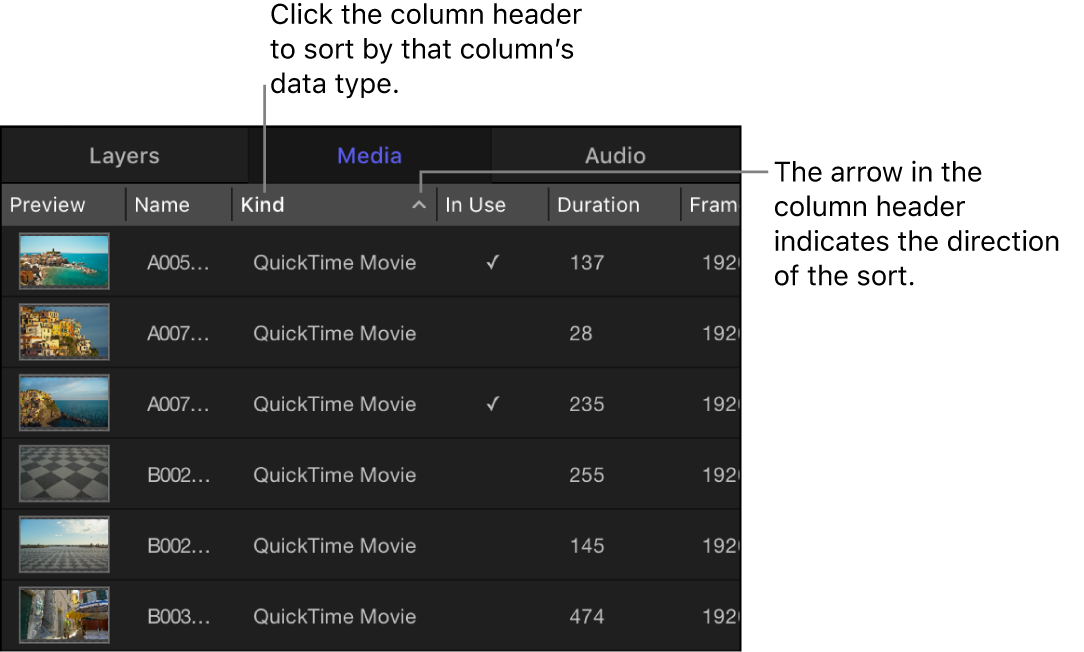 미디어 탭의 열 제목