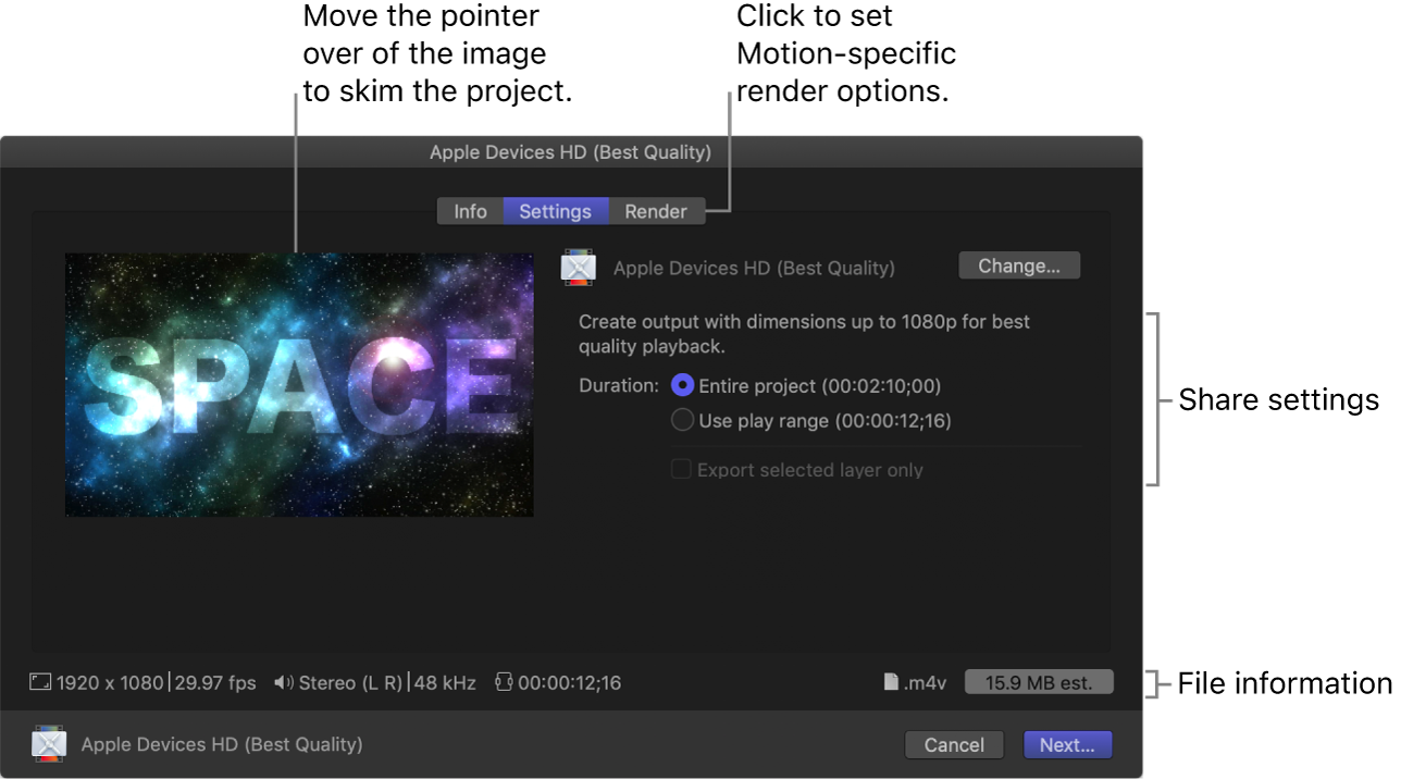 “Apple 设备 HD”设置面板的 Compressor 设置窗口