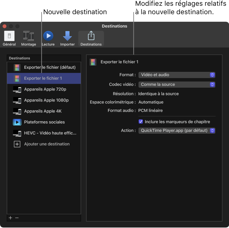 Sous-fenêtre Destinations de la fenêtre Réglages de Final Cut Pro montrant une destination « Exporter le fichier » dupliquée, sélectionnée dans la liste de gauche