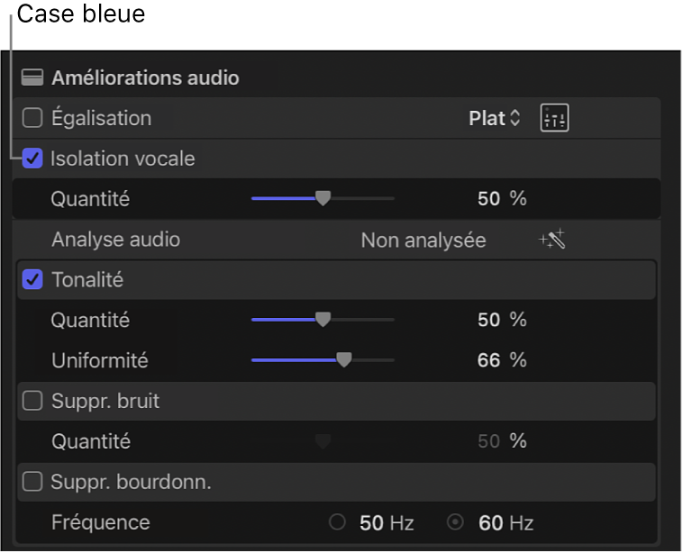Section « Améliorations audio » de l’inspecteur audio affichant les commandes Égalisation, « Isolation vocale », Tonalité, « Suppression du bruit » et « Suppression du bourdonnement ». Les coches bleues en regard des options « Isolation vocale » et Tonalité indiquent que ces améliorations sont activées.