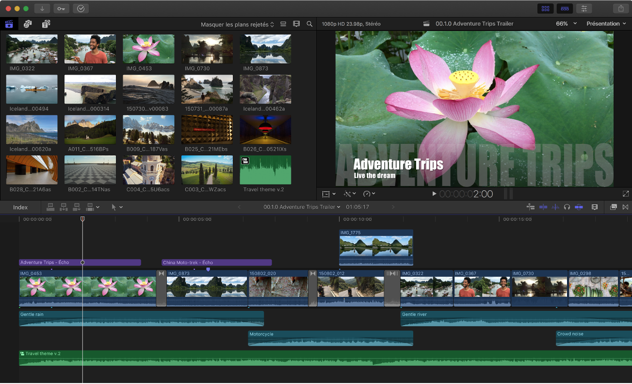 Fenêtre de Final Cut Pro affichant le navigateur, le visualiseur et la timeline