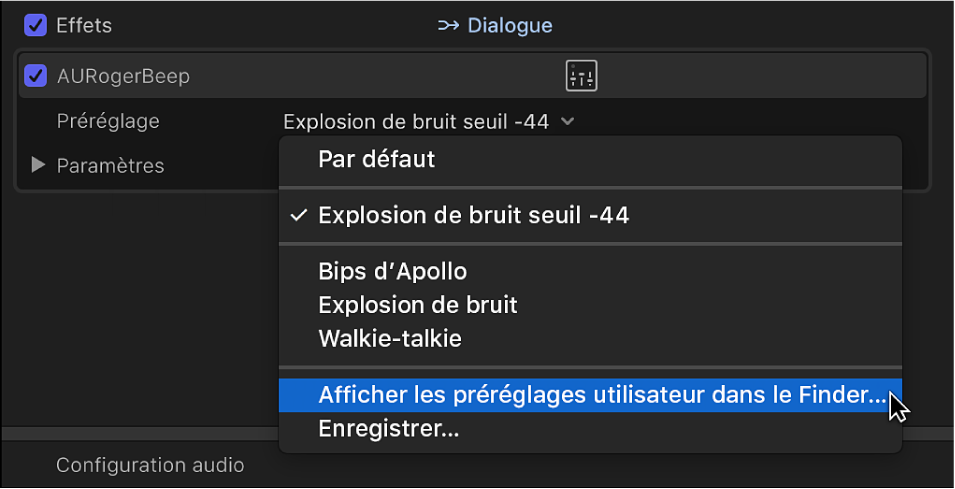 Section Effets de l’inspecteur audio affichant l’option « Afficher les préréglages utilisateur dans le Finder » dans le menu local Préréglage
