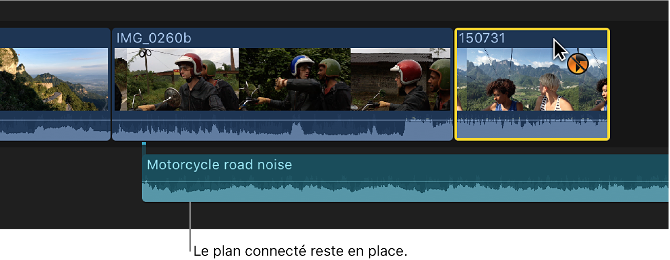 Plan déplacé affiché au nouvel emplacement dans la timeline ; le plan auquel il était auparavant connecté reste à l’ancien emplacement