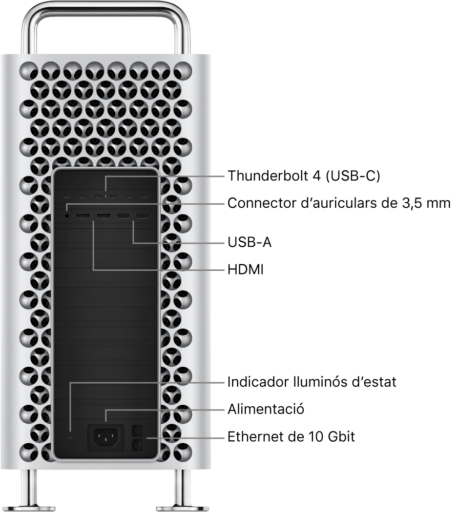 Vista lateral d’un Mac Pro en què es veuen els sis ports Thunderbolt 4 (USB-C), el connector d’auriculars de 3,5 mm, dos ports USB‑A, dos ports HDMI, l’indicador lluminós d’estat, el port d’alimentació i dos ports 10 Gbit Ethernet.