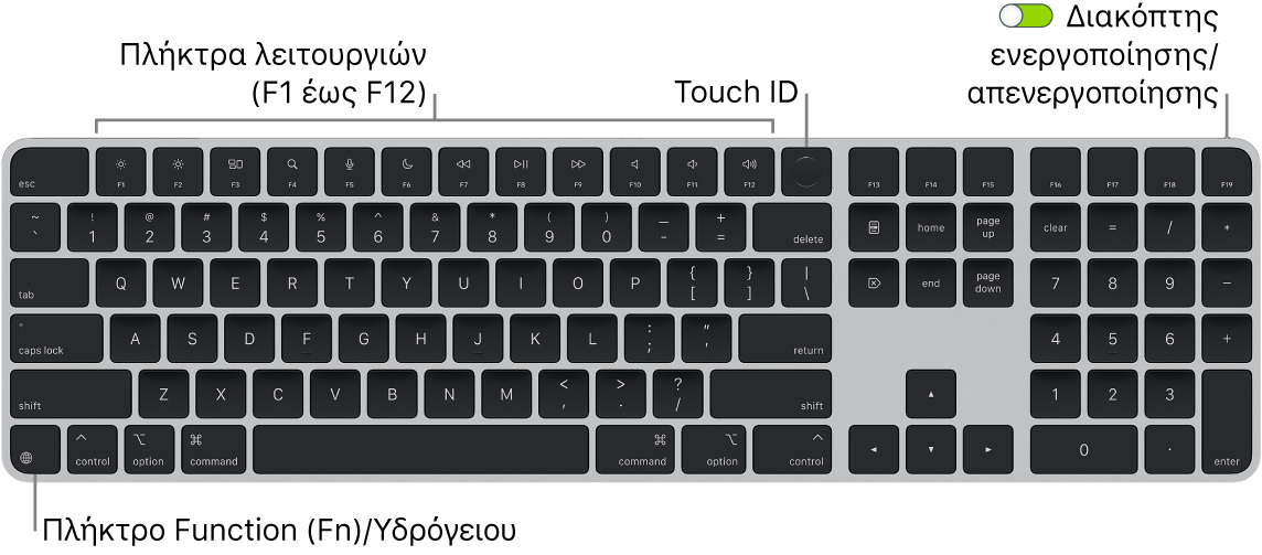 Το Magic Keyboard με Touch ID και αριθμητικό πληκτρολόγιο όπου φαίνονται η σειρά πλήκτρων λειτουργιών και το Touch ID στο πάνω μέρος, και το πλήκτρο Function (Fn)/Υδρογείου κάτω αριστερά.
