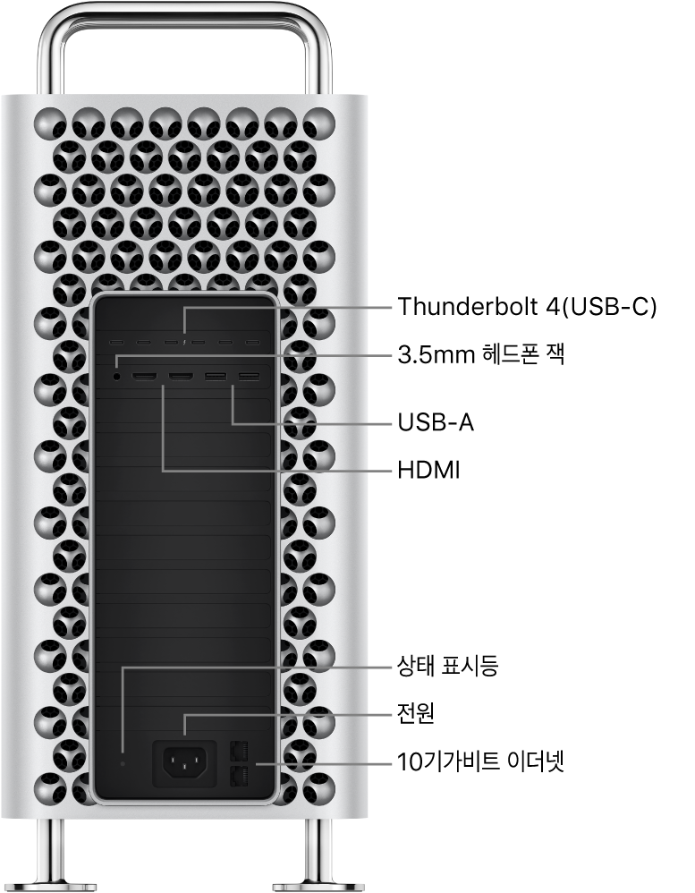 Thunderbolt 4(USB-C) 포트 6개, 3.5mm 헤드폰 잭, USB-A 포트 2개, HDMI 포트 2개, 상태 표시등, 전원 포트 및 10Gbit 이더넷 포트 2개가 있는 Mac Pro를 옆에서 본 모습.