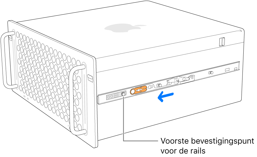 Mac Pro met een rail die naar voren schuift en op zijn plaats wordt vergrendeld.