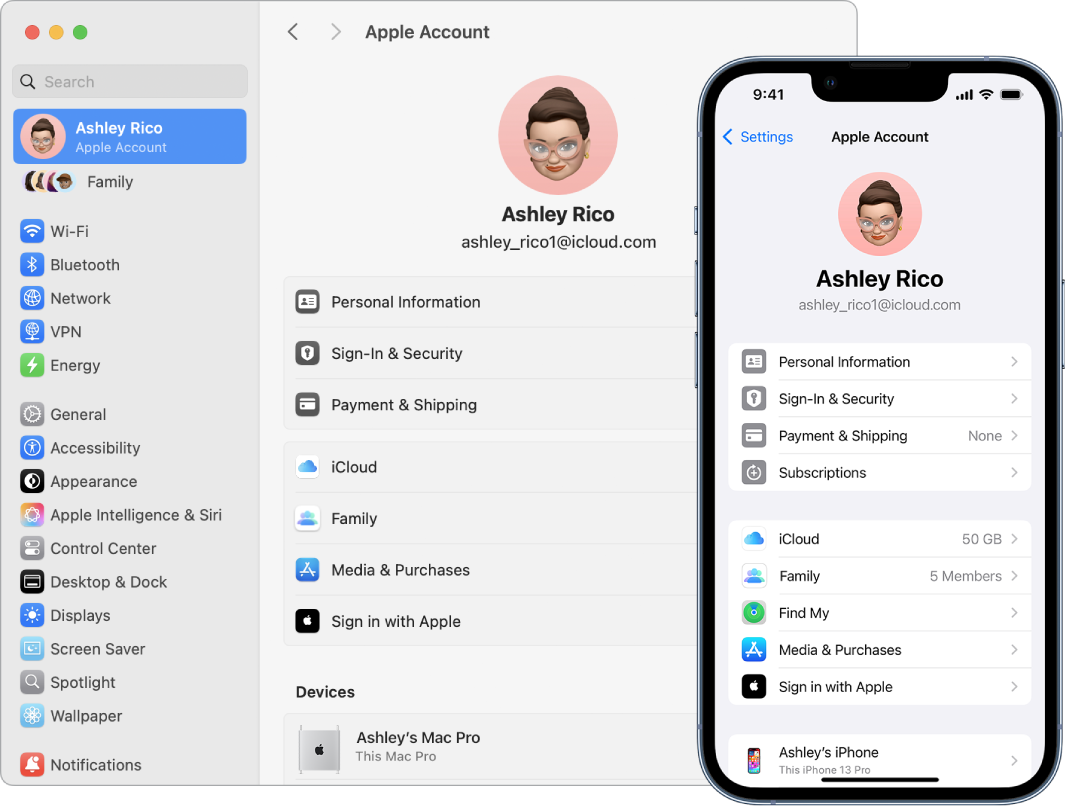 iCloud-innstillinger på en iPhone og på Mac.