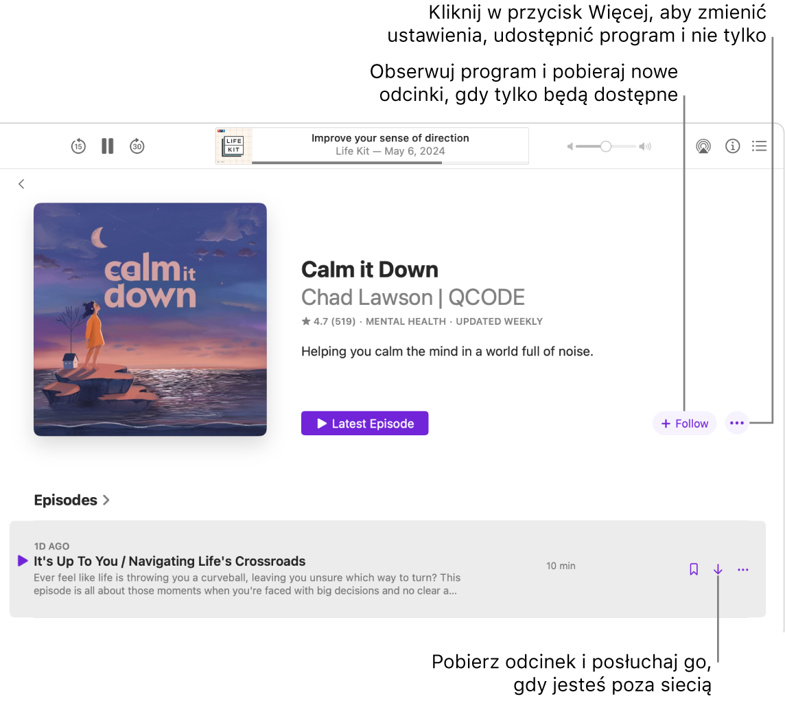 Okno aplikacji Podcasty z pokazanym odcinkiem podcastu. Dymki pomocy wskazują na przyciski Pobierz, Obserwuj oraz Więcej.