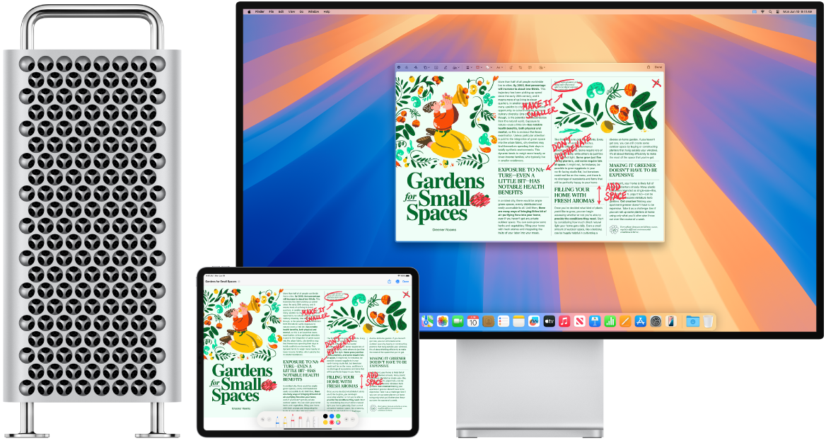Um Mac Pro e um iPad lado a lado. Ambos os ecrãs mostram um artigo coberto de edições a vermelho, como frases rasuradas, setas e palavras adicionadas. O iPad também tem controlos de marcação na parte inferior do ecrã.