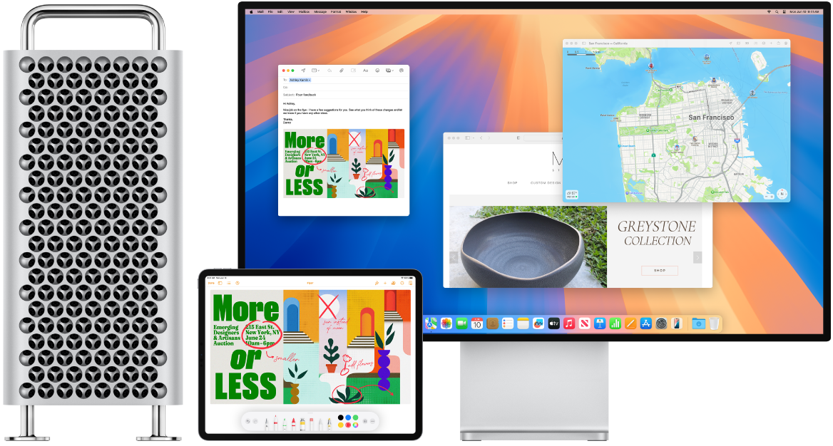 Mac Pro a iPad vedľa seba. Na obrazovke iPadu je leták s poznámkami. Na displeji, ktorý používa Mac Pro, je správa v apke Mail, ktorá má v prílohe leták s poznámkami z iPadu.