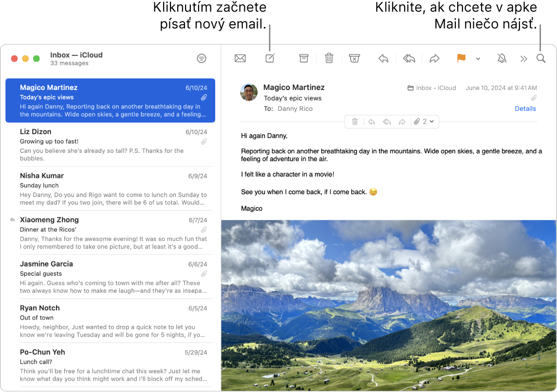 Okno apky Mail zobrazujúce zoznam správ vedľa postranného panela a obsah označenej správy na pravej strane. Bublina ukazuje na vyhľadávacie pole.