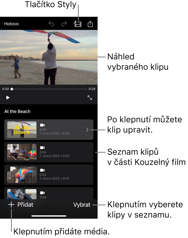 V prohlížeči otevřený projekt kouzelného filmu s vybraným klipem.