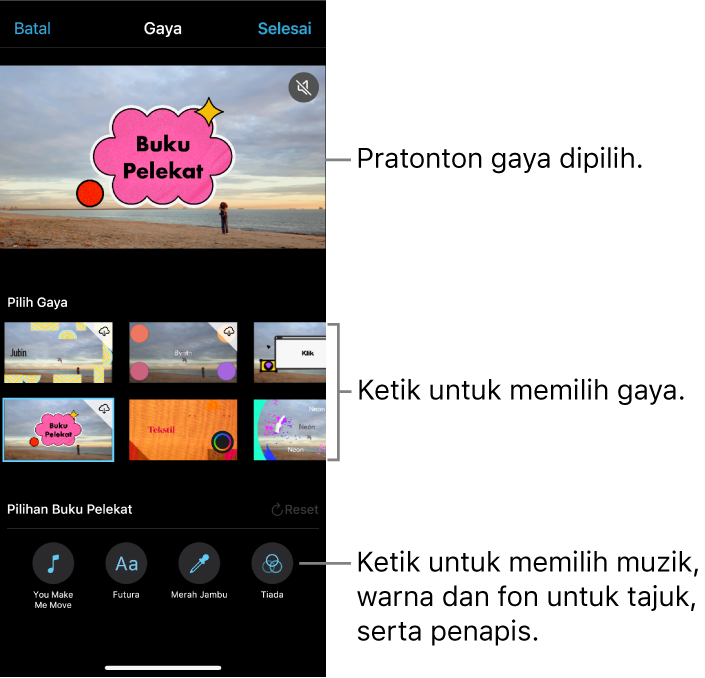 Pemapar menunjukkan pratonton gaya dipilih, dengan pilihan gaya di bawah. Butang untuk menambah muzik, memilih warna dan fon untuk tajuk serta menambah penapis terletak di bahagian bawah skrin.