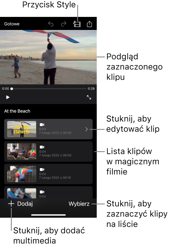 Otwarty projekt Magiczny film z zaznaczonym klipem widocznym w polu podglądu.