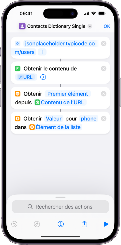 Action « Obtenir la valeur du dictionnaire » dans l’éditeur de raccourcis avec la clé définie sur « phone ».