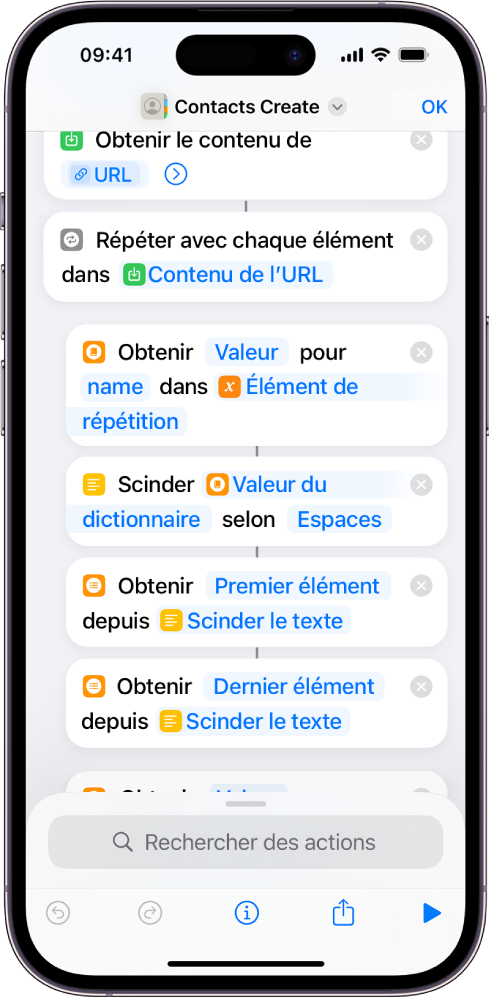 Raccourci affichant les actions « Scinder le texte ».