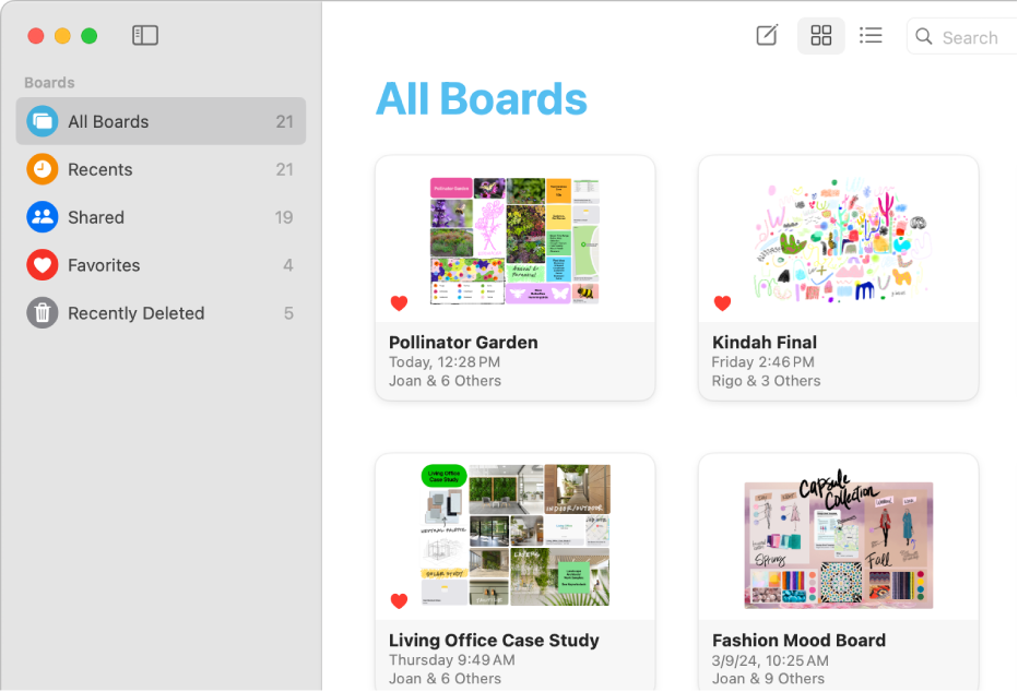 App Freeform avec l’option « Tous les tableaux ».