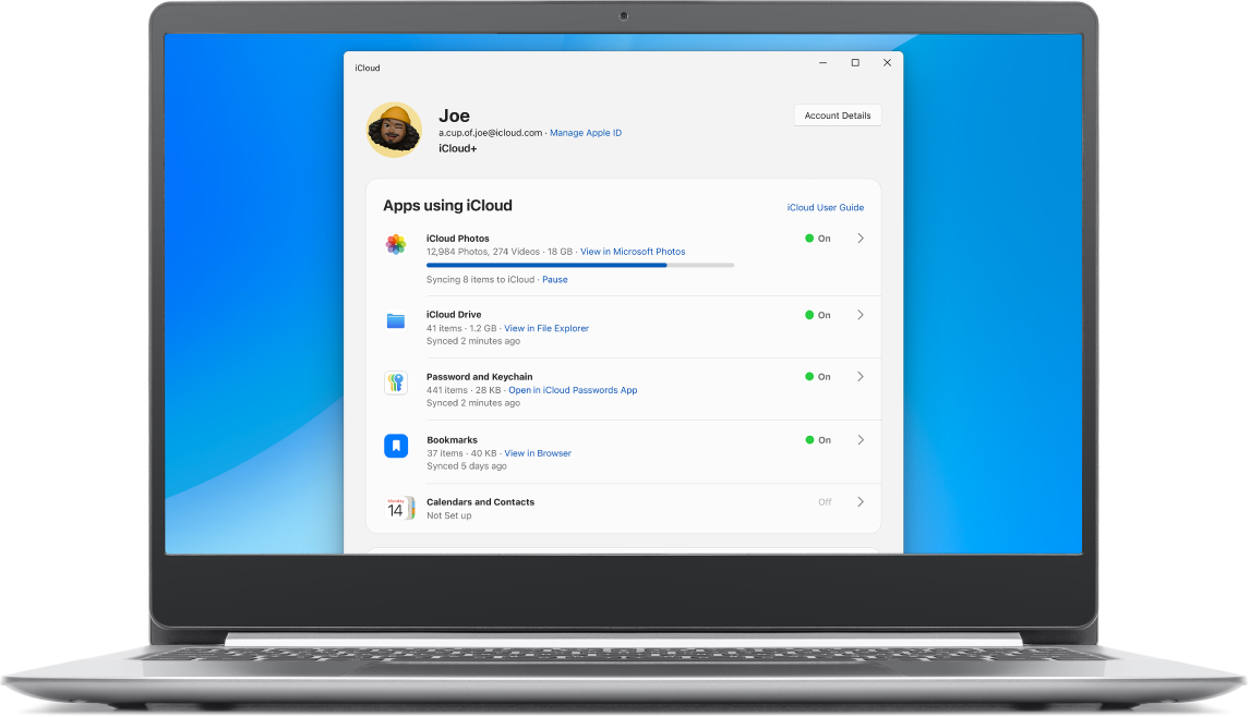Το iCloud για Windows ανοικτό σε έναν υπολογιστή.