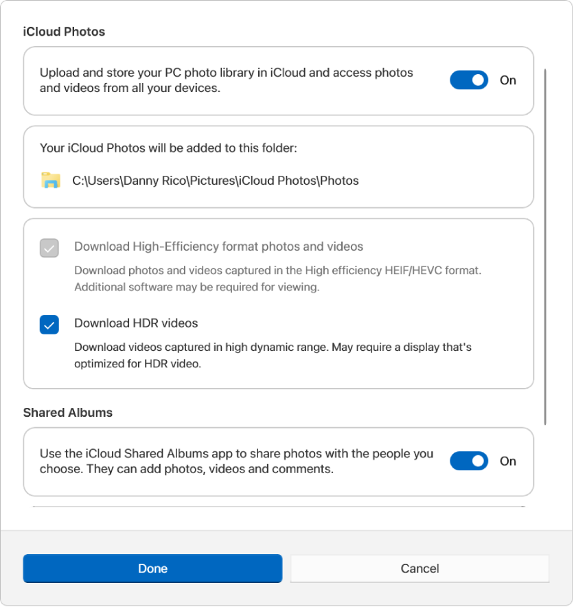 Opciones de Fotos en iCloud para Windows. Las funciones Fotos en iCloud y “Álbumes compartidos” están seleccionadas.