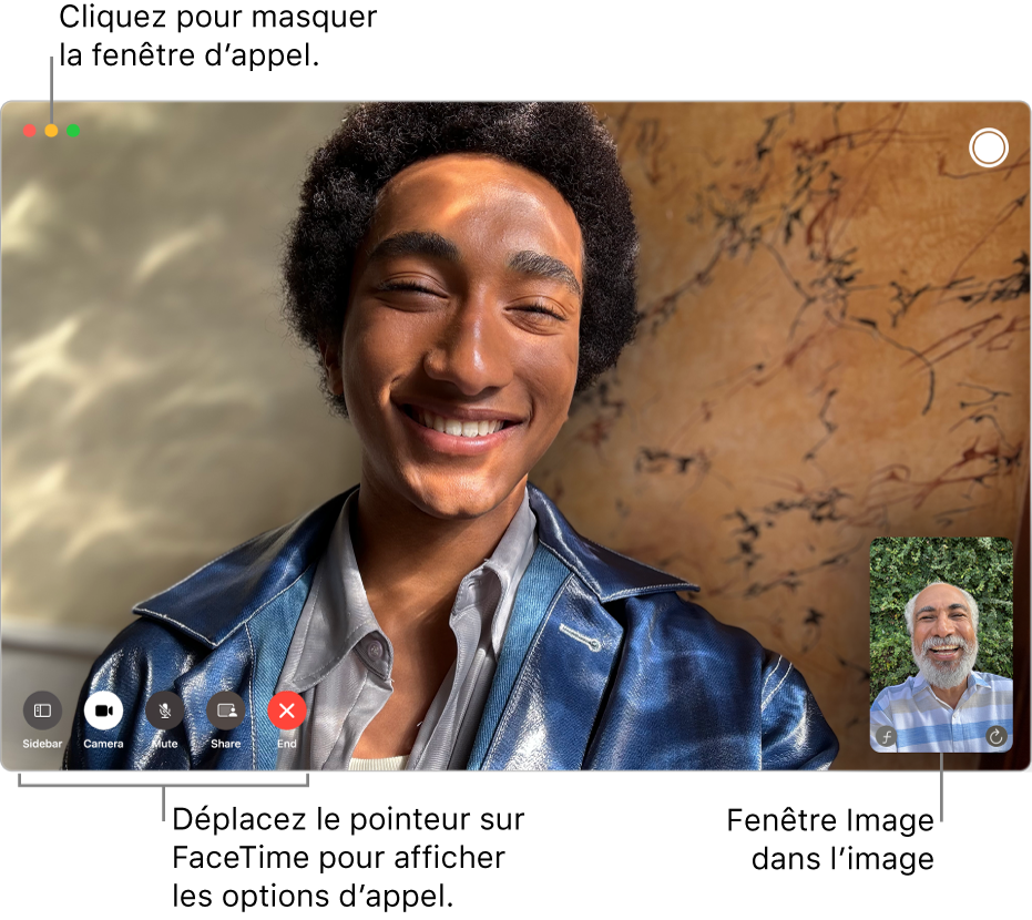 Placez le pointeur sur la fenêtre FaceTime pour afficher les boutons « Barre latérale », Caméra, « Couper le micro », « Partage de lʼécran », Raccrocher et « Live Photo ». Cliquez sur le bouton du milieu situé dans le coin supérieur gauche pour masquer la fenêtre d’appel. La fenêtre d’image dans l’image apparaît dans le coin inférieur droit.