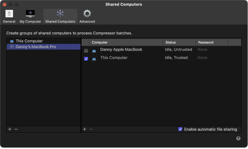 Ventana de ajustes de “Ordenadores compartidos” con un ordenador que no es de confianza.