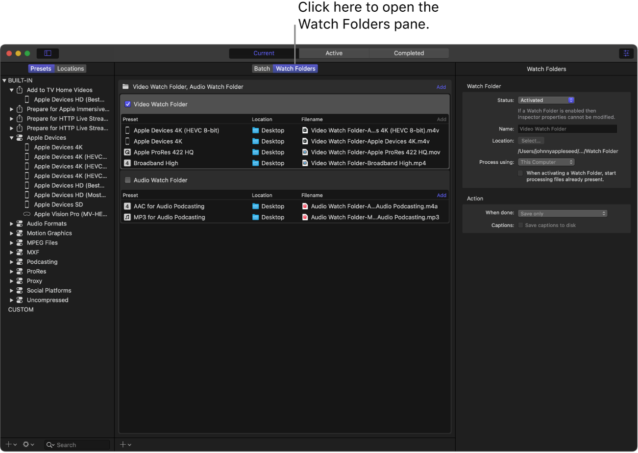 Interfaz de Compressor con el espacio de trabajo de carpeta vigilada.